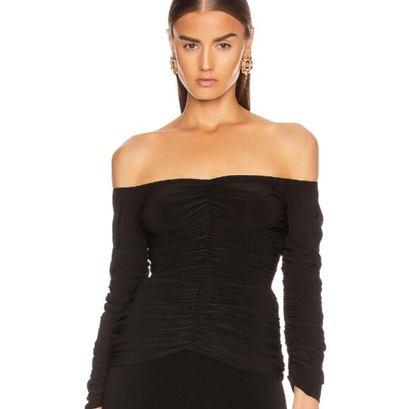Norma Kamali runched black long sleeve off shoulder slinky top, size M - Picture 1 of 5
